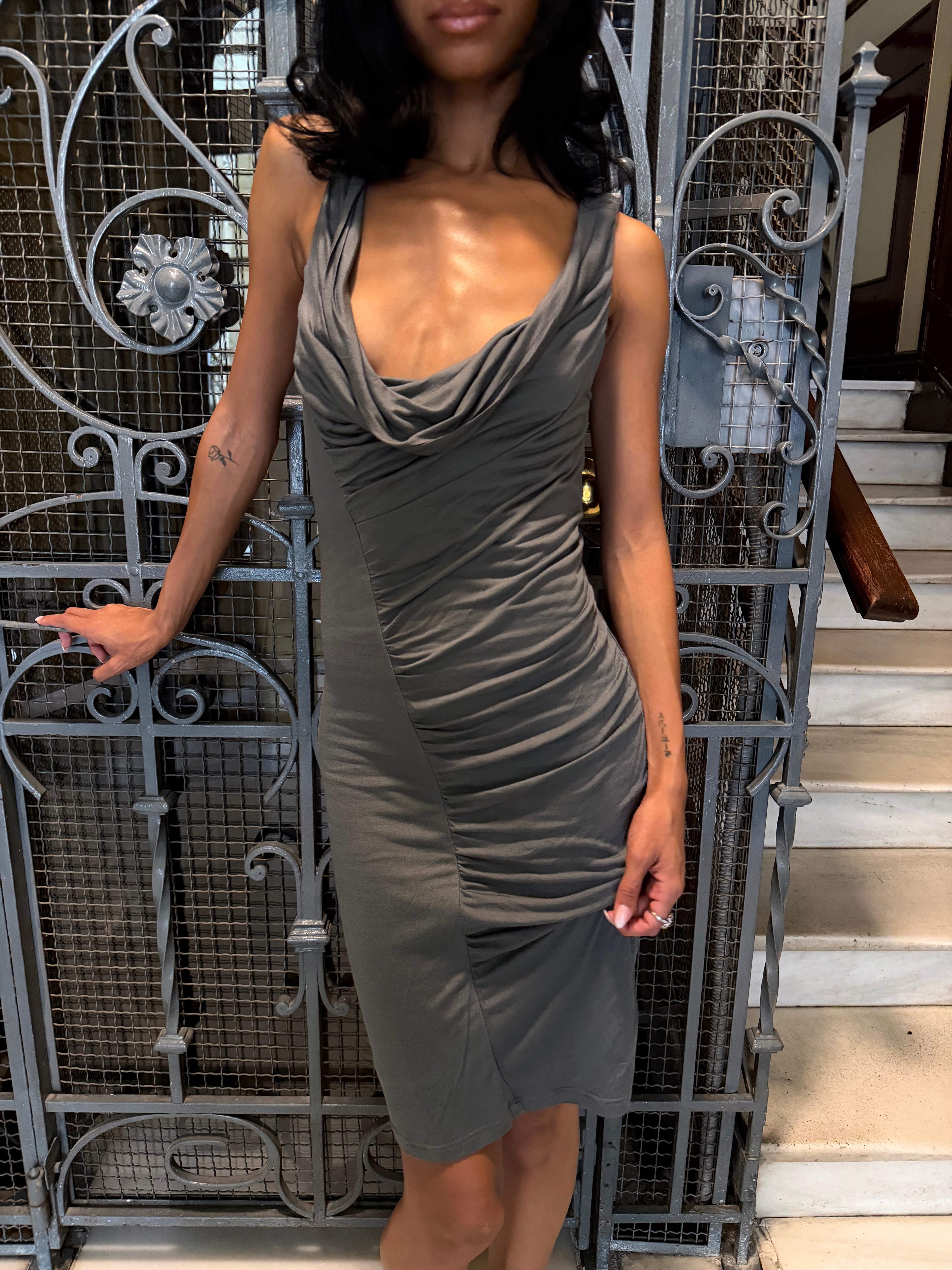 Gun Metal Ruched Midi Dress