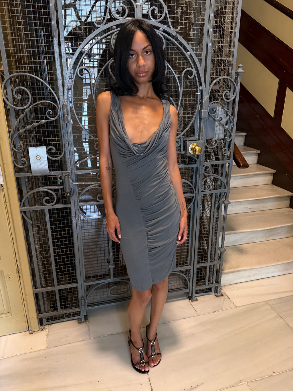 Gun Metal Ruched Midi Dress