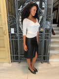 Wrap Front Leather Knee Length Skirt