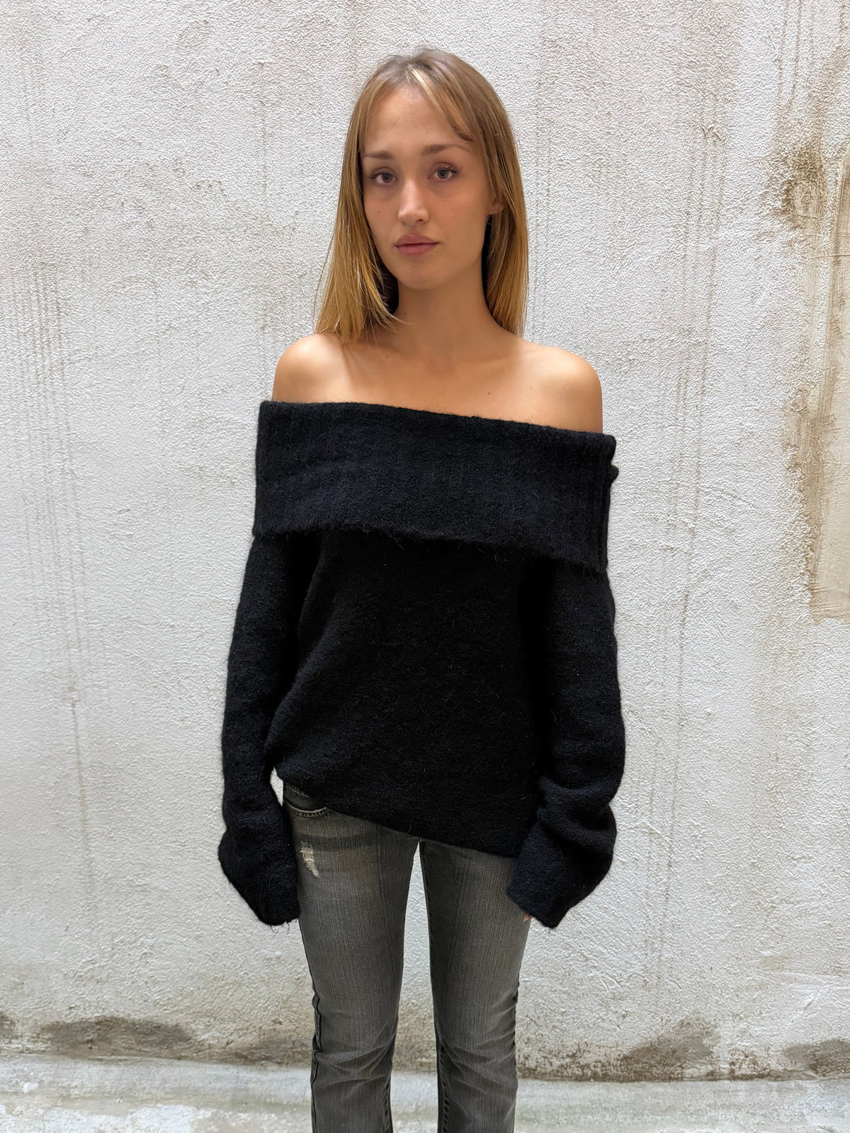 Sisley Off Shoulder Mohair Blend Jumper