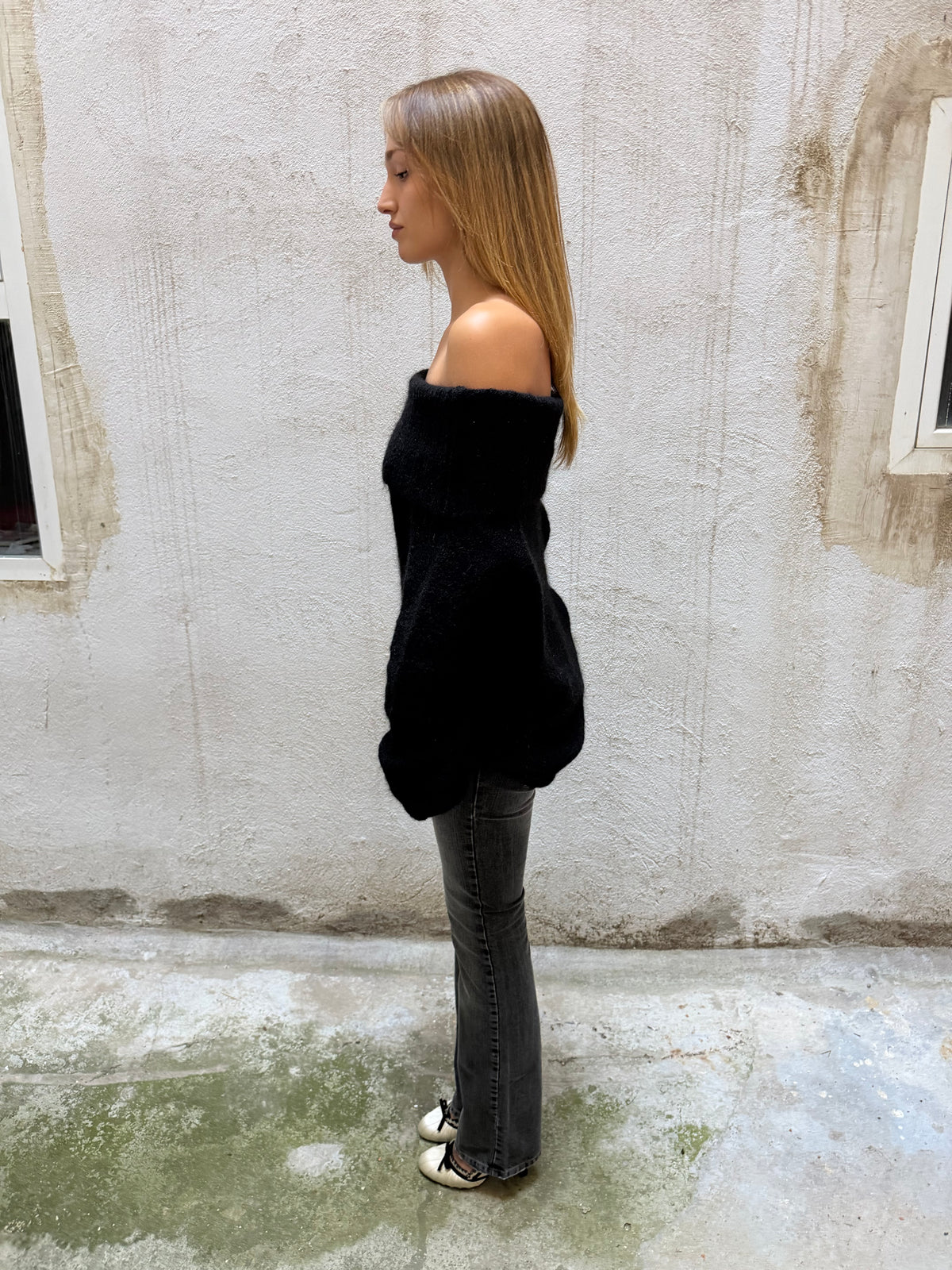 Sisley Off Shoulder Mohair Blend Jumper