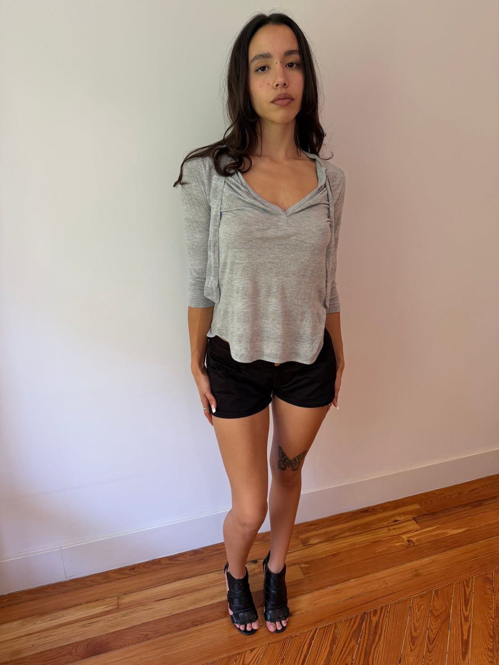Kookai Grey Tie Neck Top